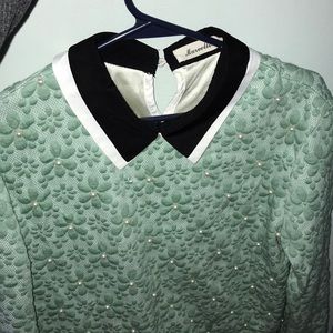 Teal sweater with collar and pearl designs